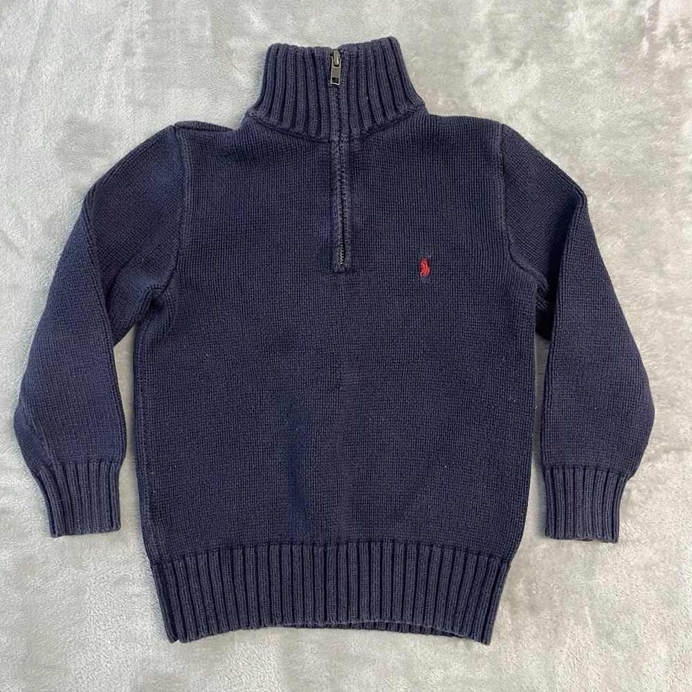 Polo Ralph Lauren Boys Girls 5 1/4 Zip Sweater Navy Cotton Knit Pony Logo Unisex